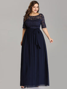 Color=Navy Blue | Maxi Long Lace Illusion Wholesale Plus Size Mother Of Wholesale Bride Dresses-Navy Blue 3