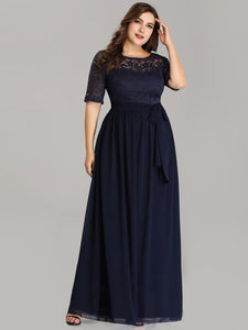 Color=Navy Blue | Maxi Long Lace Illusion Wholesale Plus Size Mother Of Wholesale Bride Dresses-Navy Blue 4