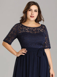 Color=Navy Blue | Maxi Long Lace Illusion Wholesale Plus Size Mother Of Wholesale Bride Dresses-Navy Blue 5