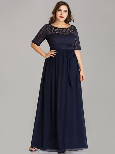 Color=Navy Blue | Maxi Long Lace Illusion Wholesale Plus Size Mother Of Wholesale Bride Dresses-Navy Blue 1