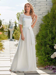 Color=White | Simple Half Sleeves Chiffon Wedding Dress With Belt-White 4