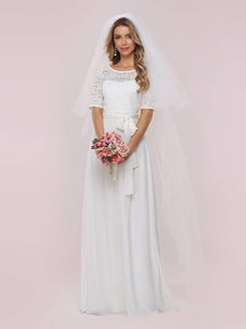 Color=White | Simple Half Sleeves Chiffon Wedding Dress With Belt-White 5