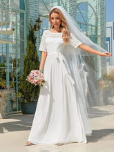 Load image into Gallery viewer, Color=White | Simple Half Sleeves Chiffon Wedding Dress With Belt-White 1