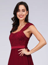 Load image into Gallery viewer, COLOR=Burgundy | Elegant A Line Long Chiffon Bridesmaid Dress With Lace Bodice-Burgundy 3