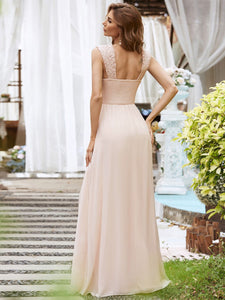 COLOR=Blush | Elegant A Line Long Chiffon Bridesmaid Dress With Lace Bodice-Blush 2