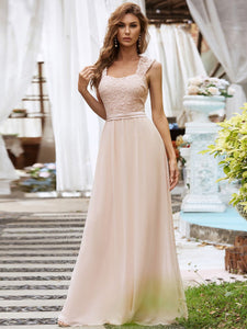 COLOR=Blush | Elegant A Line Long Chiffon Bridesmaid Dress With Lace Bodice-Blush 1