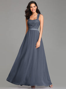 COLOR=Dusty Navy | Elegant A Line Long Chiffon Bridesmaid Dress With Lace Bodice-Dusty Navy 4