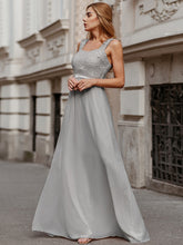 Load image into Gallery viewer, COLOR=Grey | Elegant A Line Long Chiffon Bridesmaid Dress With Lace Bodice-Grey 1