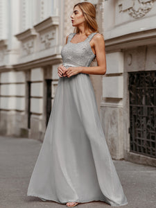 COLOR=Grey | Elegant A Line Long Chiffon Bridesmaid Dress With Lace Bodice-Grey 1