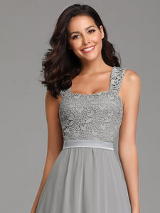 COLOR=Grey | Elegant A Line Long Chiffon Bridesmaid Dress With Lace Bodice-Grey 5