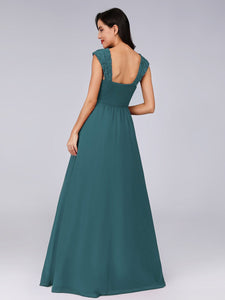 COLOR=Teal | Elegant A Line Long Chiffon Bridesmaid Dress With Lace Bodice-Teal 2