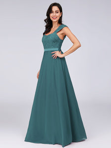 COLOR=Teal | Elegant A Line Long Chiffon Bridesmaid Dress With Lace Bodice-Teal 3