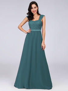 COLOR=Teal | Elegant A Line Long Chiffon Bridesmaid Dress With Lace Bodice-Teal 4
