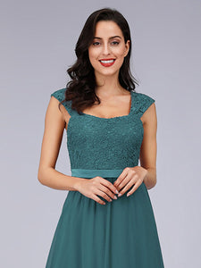 COLOR=Teal | Elegant A Line Long Chiffon Bridesmaid Dress With Lace Bodice-Teal 5