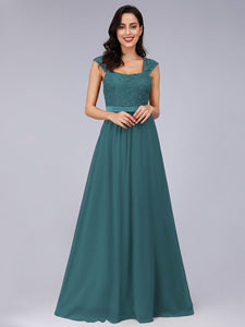 COLOR=Teal | Elegant A Line Long Chiffon Bridesmaid Dress With Lace Bodice-Teal 1