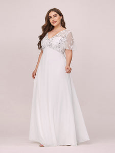 Color=Cream | Plus Size Floral Lace Sequin Print Evening Dresses With Cap Sleeve-Cream 3