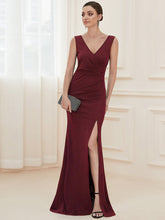Load image into Gallery viewer, Color=Burgundy | Sleeveless Pencil Split Wholesale Evening Dresses with Deep V Neck-Burgundy 1
