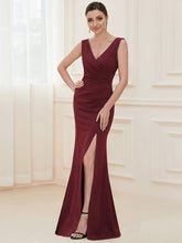 Load image into Gallery viewer, Color=Burgundy | Sleeveless Pencil Split Wholesale Evening Dresses with Deep V Neck-Burgundy 3