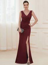 Load image into Gallery viewer, Color=Burgundy | Sleeveless Pencil Split Wholesale Evening Dresses with Deep V Neck-Burgundy 4