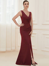 Load image into Gallery viewer, Color=Burgundy | Sleeveless Pencil Split Wholesale Evening Dresses with Deep V Neck-Burgundy 5