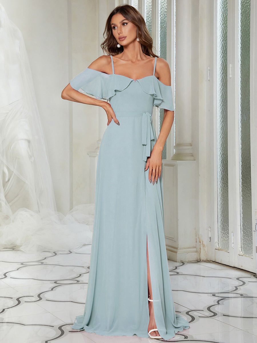 Color=Sky Blue | Dainty Chiffon Bridesmaid Dresses With Ruffles Sleeves With Side Slit-Sky Blue 1