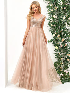 Color=Rose Gold | Wholesale High Waist Tulle & Sequin Sleevless Evening Dress-Rose Gold 4