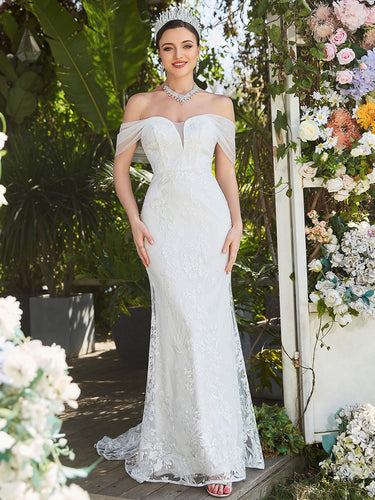 Color=White | Adorable Off Shoulders Fishtail Wholesale Wedding Dresses-White 1