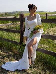 Color=White | Square Neckline Ruffles Sleeves Split Wholesale Wedding Dresses-White 5