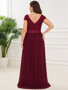 Color=Burgundy | Deep V Neck A Line Cover Sleeves Wholesale Bridesmaid Dresses-Burgundy 2
