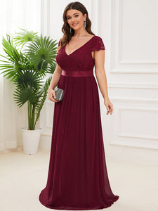 Color=Burgundy | Deep V Neck A Line Cover Sleeves Wholesale Bridesmaid Dresses-Burgundy 3