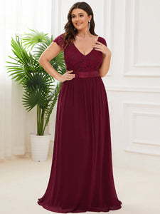 Color=Burgundy | Deep V Neck A Line Cover Sleeves Wholesale Bridesmaid Dresses-Burgundy 4