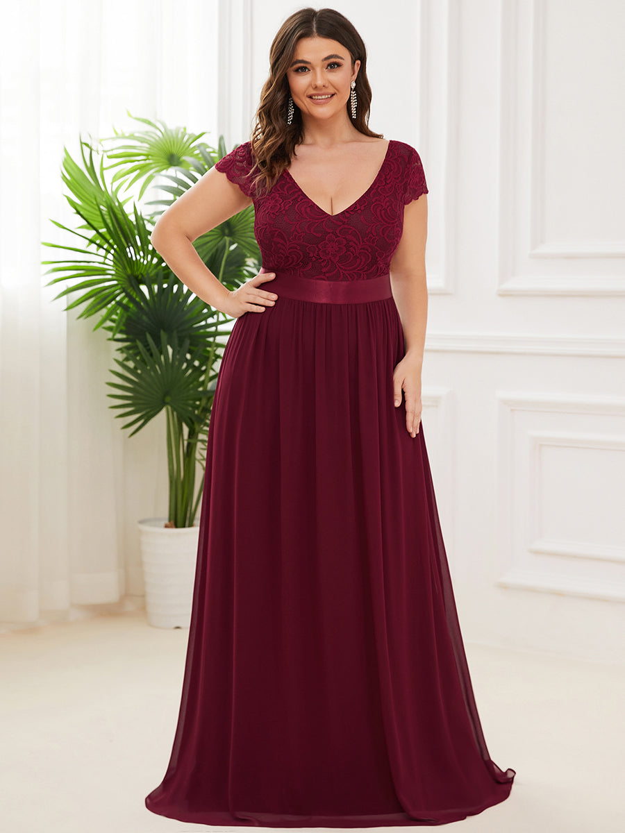 Color=Burgundy | Deep V Neck A Line Cover Sleeves Wholesale Bridesmaid Dresses-Burgundy 1