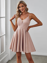 Load image into Gallery viewer, Color=Blush | Shiny Spaghetti Strap Short A Line Prom Dress-Blush 1