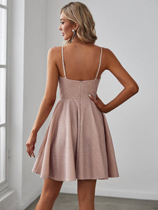 Color=Blush | Shiny Spaghetti Strap Short A Line Prom Dress-Blush 2