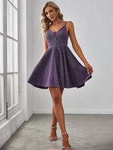 Load image into Gallery viewer, Color=Dark Purple | Shiny Spaghetti Strap Short A Line Prom Dress-Dark Purple 1