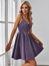 Load image into Gallery viewer, Color=Dark Purple | Shiny Spaghetti Strap Short A Line Prom Dress-Dark Purple 4