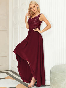 Color=Burgundy | Elegant Paillette & Chiffon V-Neck A-Line Sleeveless Plus Size Evening Dresses-Burgundy 3
