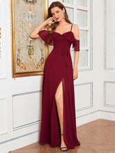 Load image into Gallery viewer, Color=Burgundy | Dainty Chiffon Bridesmaid Dresses With Ruffles Sleeves With Side Slit-Burgundy 4