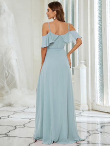 Color=Sky Blue | Dainty Chiffon Bridesmaid Dresses With Ruffles Sleeves With Side Slit-Sky Blue 2