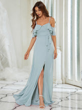 Load image into Gallery viewer, Color=Sky Blue | Dainty Chiffon Bridesmaid Dresses With Ruffles Sleeves With Side Slit-Sky Blue 4
