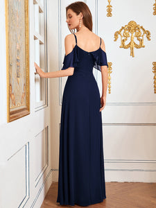 Color=Navy Blue | Dainty Chiffon Bridesmaid Dresses With Ruffles Sleeves With Side Slit-Navy Blue 2