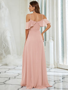 Color=Pink | Dainty Chiffon Bridesmaid Dresses With Ruffles Sleeves With Side Slit-Pink 2