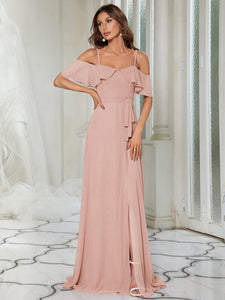Color=Pink | Dainty Chiffon Bridesmaid Dresses With Ruffles Sleeves With Side Slit-Pink 3