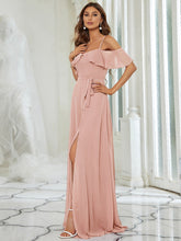 Load image into Gallery viewer, Color=Pink | Dainty Chiffon Bridesmaid Dresses With Ruffles Sleeves With Side Slit-Pink 4