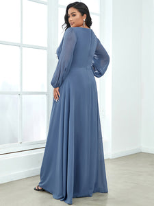 Color=Dusty Navy | Wholesale Chiffon Plus Size Evening Dresses With Long Lantern Sleeves-Dusty Navy 2