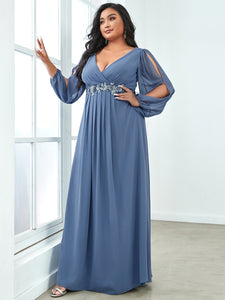 Color=Dusty Navy | Wholesale Chiffon Plus Size Evening Dresses With Long Lantern Sleeves-Dusty Navy 3