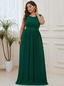 Color=Dark Green | Classic Round Neck V Back A-Line Chiffon Bridesmaid Dresses With Lace-Dark Green 1