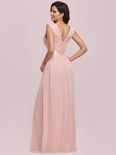 Load image into Gallery viewer, Color=Pink | Classic Round Neck V Back A-Line Chiffon Bridesmaid Dresses With Lace-Pink 7