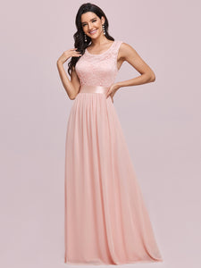 Color=Pink | Classic Round Neck V Back A-Line Chiffon Bridesmaid Dresses With Lace-Pink 9