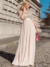 Load image into Gallery viewer, Color=Blush | Elegant Round Neckline 3/4 Sleeve Sequins Patchwork Evening Dress-Blush 1